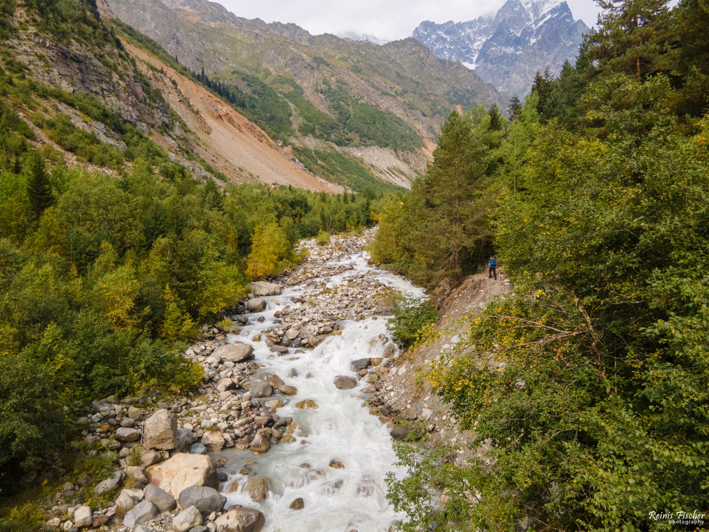 Aerial view of the Mestiachala valley near Chalaadi Glacier in Svaneti, Georgia