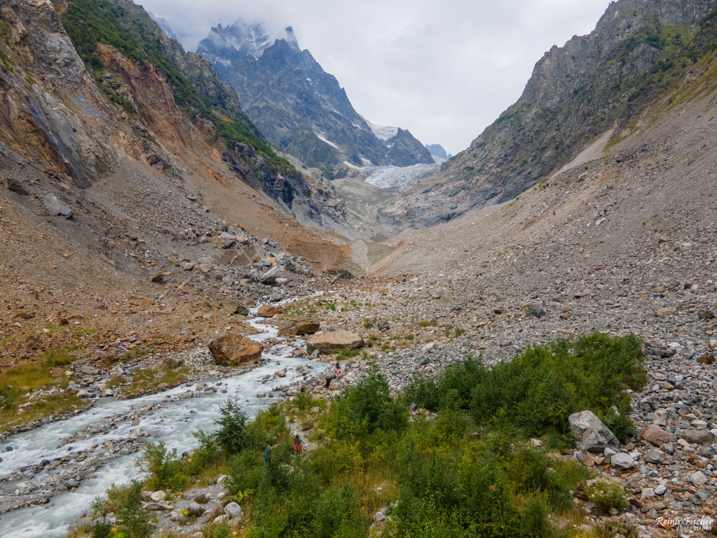 Aerial view of the rocky moraine valley on the hike toward Chalaadi Glacier