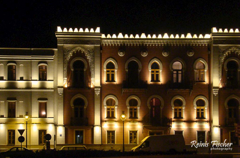 Illuminated building on Tbilisi Embakment
