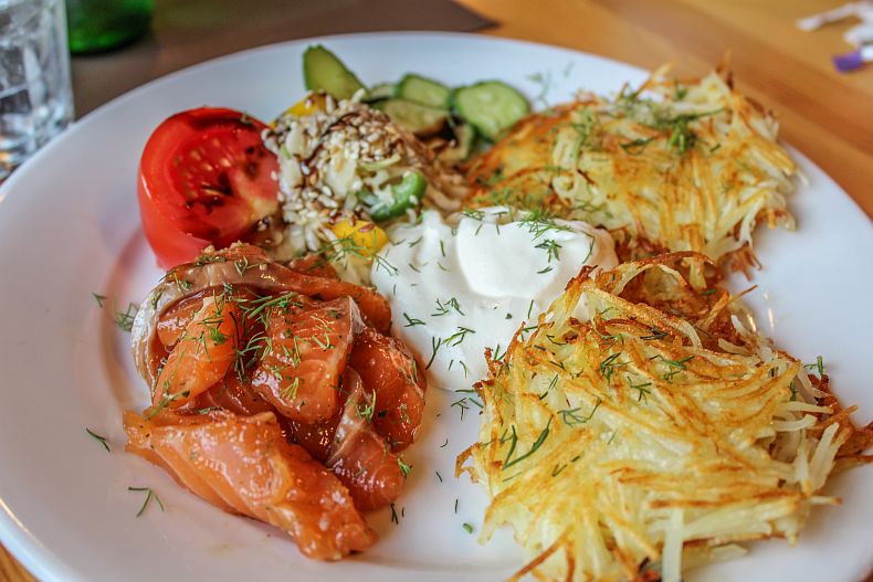 Potato pancakes with salmon