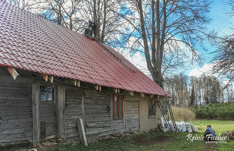 Workers inspecting chimney