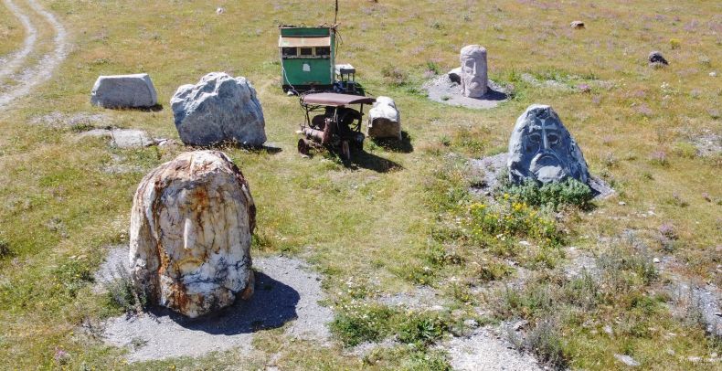 Carved stone sculptures near Sno village in Georgia