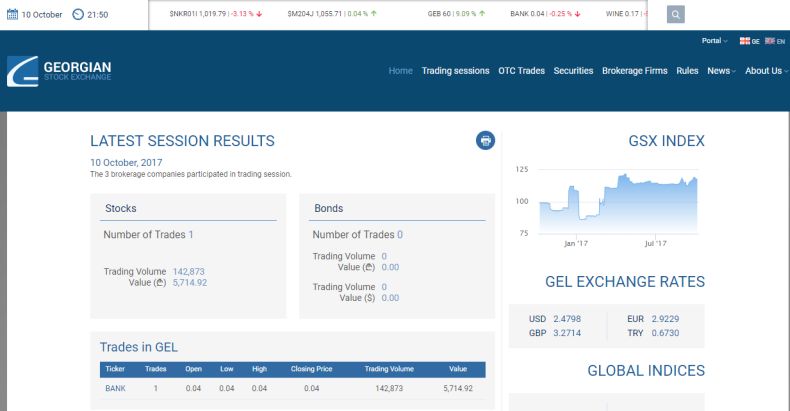 Screenshot of Georgian Stock Exchange website