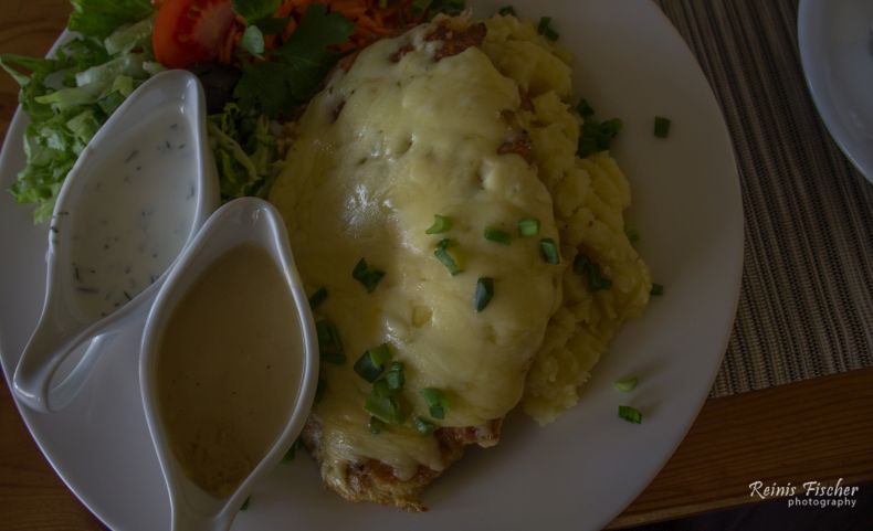 Main course at cafe Kāpenieki in Aizpute