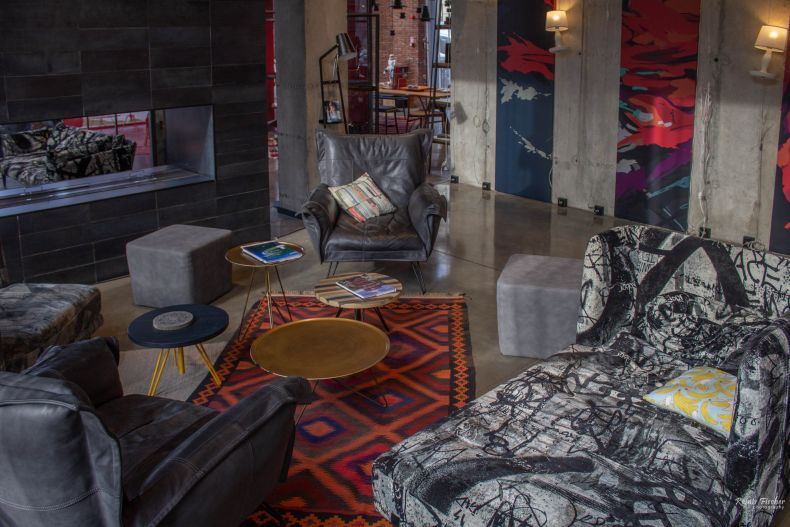 Interior at Moxy hotels lobby bar in Tbilisi