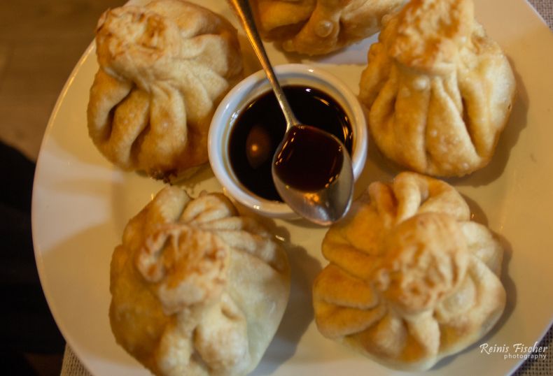 Fried khinkali with soy sauce